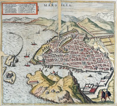 Utsikt over Marseille på 1500-tallet, som viser sykehuset for spedalske nederst til venstre, fra 
