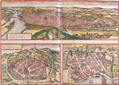 Utsikt over Rouen (Rotomagus), Nimes (Nemausus) og Bordeaux (Burdigala), Frankrike (radering). av Franz Hogenberg