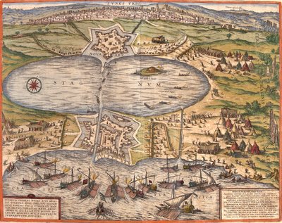Utsikt over Tunis (Tunes), Tunisia, med festningen Goulette (Guleta Arx) som kontrollerer tilgangen til innsjøen Tunis og den nye festningen (nova arx) foran bymurene (etsing av Franz Hogenberg