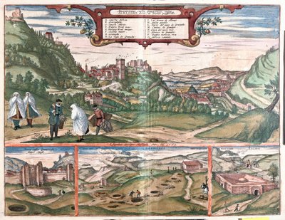 Utsikt over Alhambra med byen Granada, Spania: på toppen en utsikt over Alhambra på Cerro del Sol-høyden. Visningen nederst til venstre viser de lukkede dørene til Alhambra. I sentrum er munningene til Masmoros-grottene. Den store strukturen nederst til hø av Franz Hogenberg