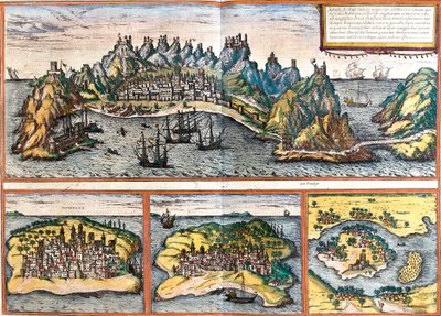 Utsikt over Aden (Jemen), Mombasa (Mombaza) (Kenya), Kilwa Kisiwani (Quiloa) (Tanzania) og Cefala Diana (Cefala) (Sicilia, Italia) (radering) av Franz Hogenberg