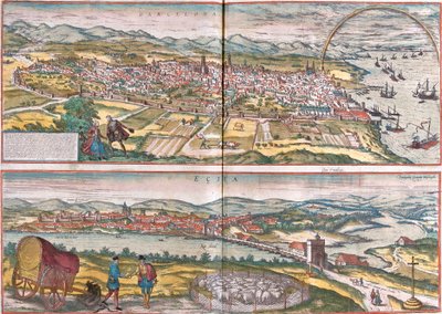 Utsikt over Barcelona og Ecija (Eciia), Spania (etsing av Franz Hogenberg