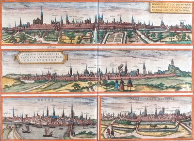 Utsikt over Brunswick (Brusvicum), Lüneburg (Loneburgum), Breme (Brema) og Oldenburg (Aldenburgum), Tyskland (radering av Franz Hogenberg