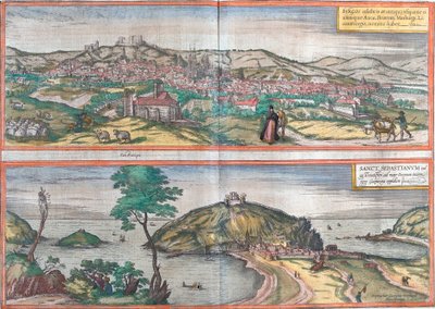 Utsikt over Burgos og San Sebastian (eller Donostia), Spania (etsing av Franz Hogenberg