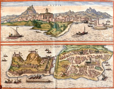Utsikt over Candia (Candia), nåværende Heraklion på øya Kreta og Korfu eller Corcyra (Corphu), gresk øy (etsing av Franz Hogenberg