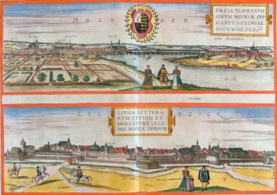 Utsikt over Dresden (Dresa) og Leipzig (Lipsia), Tyskland (radering av Franz Hogenberg