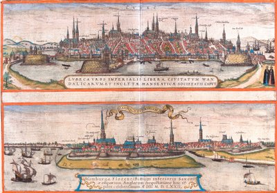 Utsikt over Lubeck (Lubeca) og Hamburg (Hamburga), Tyskland (radering av Franz Hogenberg