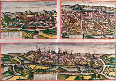 Utsikt over Montpellier (Monspessulanus), Tours (Turo) og Poitiers (Pictavis), Frankrike (radering av Franz Hogenberg
