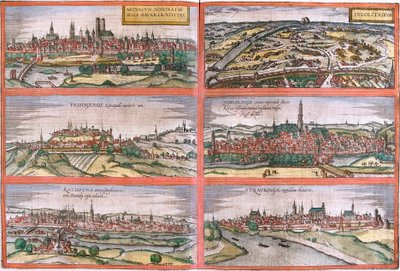 Utsikt over München (Monacum) Ingolstadt (Ingolstadium), Freising (Frisingensis), Nordlingen (Nordlinga), Regensburg (Ratispona) og Straubing (Stravbinga), Tyskland (etsing av Franz Hogenberg