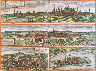 Utsikt over Nürnberg (Nurnberga), Ulm (Ulma), Lindau (Lindola), Tyskland og Salzburg (Salisburgensis) i Østerrike (radering av Franz Hogenberg