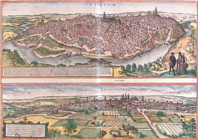 Utsikt over Toledo og Valladolid (Vallisoletum), Spania (etsning av Franz Hogenberg