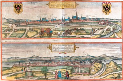Utsikt over Wien (Wien), Østerrike og Budapest (Buda), Ungarn (radering av Franz Hogenberg