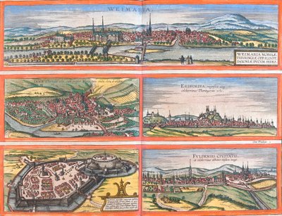 Utsikt over Weimar (Weimaria), Iena, Erfurt (Erdfordia), Gotha og Fulde (Fuldensis), Tyskland (radering av Franz Hogenberg