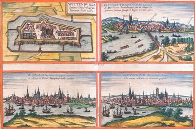 Utsikt over Wittenburg (Wittenburga), Frankfurt (Francfordiensis), Wismar (Wismaria) og Rostock (Rostochium), Tyskland (etsing av Franz Hogenberg