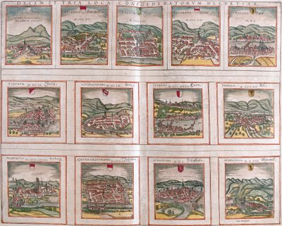 Utsikt over hovedbyene i det sveitsiske konføderasjonen: Schwytz (Svicia), Zug (Tugium), Glaris (Glarona), Basel (Basel), Zürich (Tugurum), Bern (Ursina), Lucerne (Lucerna), Uri (Ursella), Fribourg (Freegurgum), Solothurn (Soloturensis), Schaffhausen (kape av Franz Hogenberg