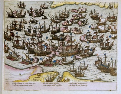 nederlaget til den usynlige spanske armadaen ved de engelske kysten 08.08.1588, illustrasjon fra 1653 (gravering) av Franz Hogenberg