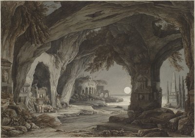 Ideelt landskap med steingrotte, graver og ruiner i måneskinnet, ca. 1790. av Franz Innocenz Josef Kobell