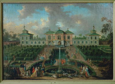 Hoffliv i parken til Augustusburg-palasset rundt Indianerhuset, utsikt fra vest … av Franz Jakob Rousseau