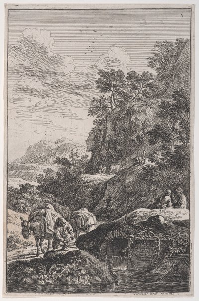 Plate 1: en bonde som sjekker hoven til muldyret sitt ved en bekk, fra 