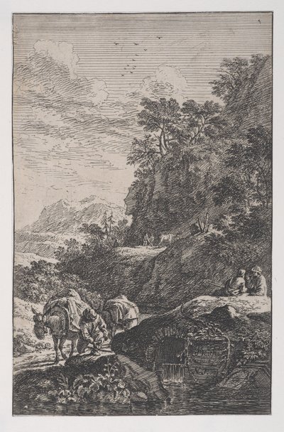 Plate 1: en bonde som sjekker hoven til muldyret sitt ved en bekk, fra 'Landscapes in t..., ca. 1700-25. av Franz Joachim Beich
