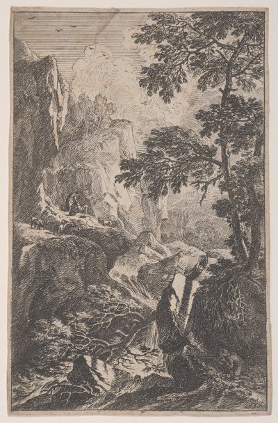 Plate 2: en jeger som sikter med pistolen sin, kneler ved siden av en stor stein til høyre, en ma..., ca. 1700-25. av Franz Joachim Beich