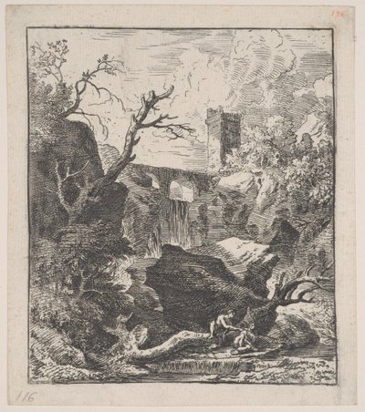 Plate 2: to figurer som sitter på en trestamme ved bredden av en bekk i forgrunnen,..., ca. 1700-25. av Franz Joachim Beich