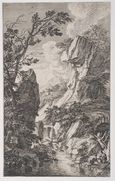 Plate 4: to fiskere på bredden av en bekk til høyre, en foss i midten, fra..., ca. 1700-25. av Franz Joachim Beich