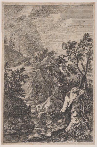 Plate 6: to mannsfigurer som står på en stein til høyre, en foss i midten med en..., ca. 1700-25. av Franz Joachim Beich