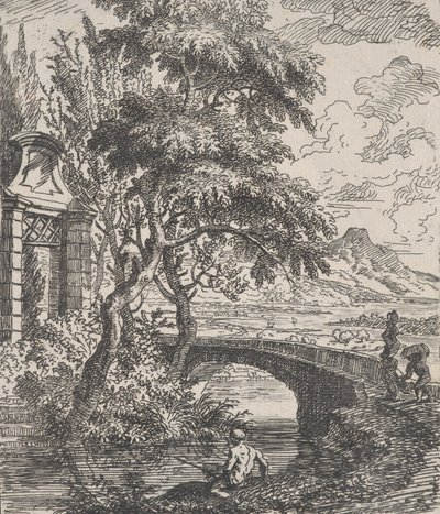 Plate 7: to figurer til høyre i ferd med å krysse en steinbro, en fisker i for..., ca. 1700-25. av Franz Joachim Beich