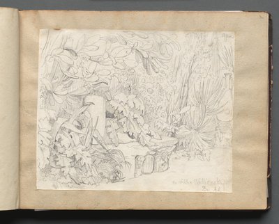 Album med utsikt over Roma og omgivelsene, landskapsstudier, side 03a: I villa Walkonsky. av Franz Johann Heinrich Nadorp
