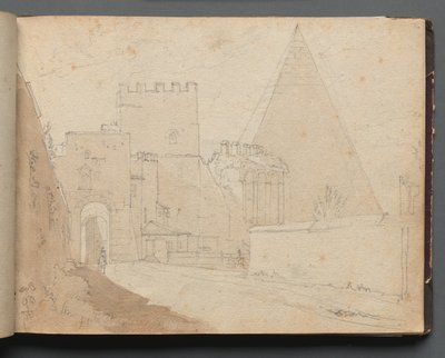 Album med utsikt over Roma og omegn, landskapsstudier, side 08a: Porta St. Paolo. av Franz Johann Heinrich Nadorp