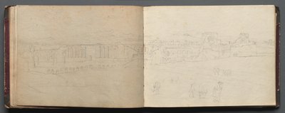 Album med utsikt over Roma og omegn, landskapsstudier, side 08b og 09 a: Panoramautsikt over Roma av Franz Johann Heinrich Nadorp