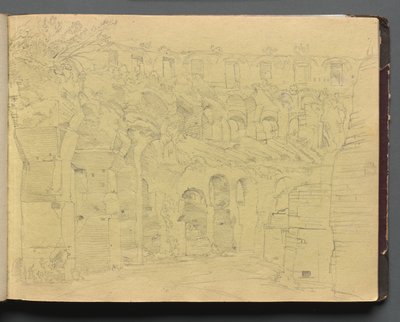 Album med utsikt over Roma og omegn, landskapsstudier, side 12a: Romerske ruiner. av Franz Johann Heinrich Nadorp
