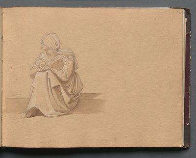 Album med utsikt over Roma og omgivelsene, landskapsstudier, side 19a: Sittende kvinneskikkelse av Franz Johann Heinrich Nadorp