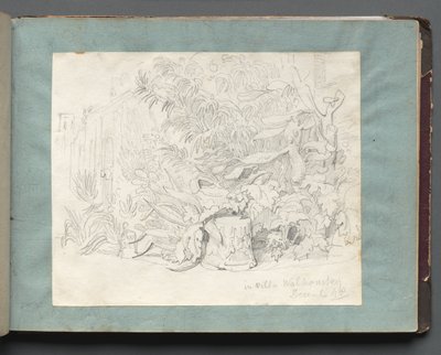 Album med utsikt over Roma og omgivelsene, landskapsstudier, side 24a: I Villa Walkonsky. av Franz Johann Heinrich Nadorp