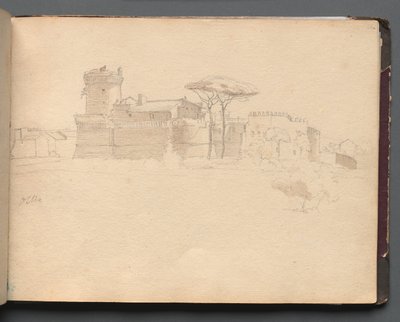 Album med utsikt over Roma og omgivelsene, landskapsstudier, side 28a: "Ostia" av Franz Johann Heinrich Nadorp
