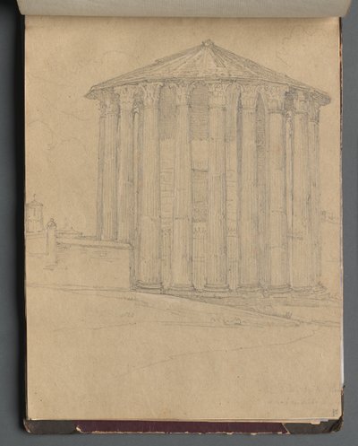 Album med utsikt over Roma og omgivelsene, landskapsstudier, side 32a: Romersk tempel. av Franz Johann Heinrich Nadorp