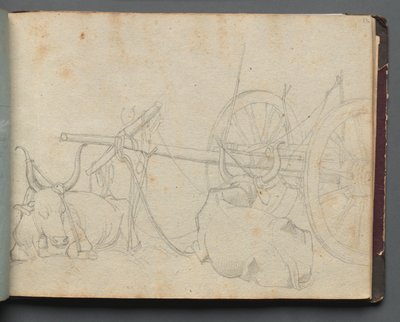 Album med utsikt over Roma og omegn, landskapsstudier, side 37a: Okser og vogn. av Franz Johann Heinrich Nadorp