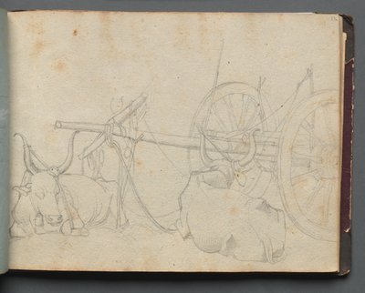 Album med utsikt over Roma og omegn, landskapsstudier, side 37a: Okser og vogn av Franz Johann Heinrich Nadorp