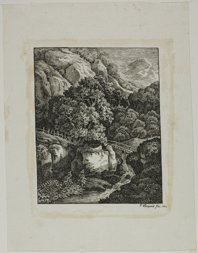 Skogkledd fjelllandskap med en liten foss og sti av Franz Joseph Leopold