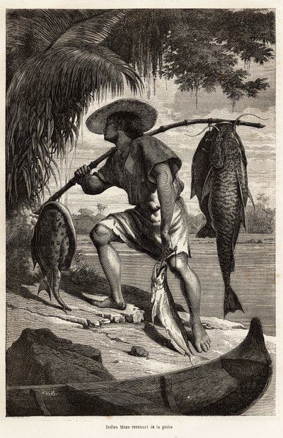 Indiske Moxo (Mojo, Moxeno) (fra Mato Grosso-regionen) som vender tilbake fra fiske, graverer etter en tegning av fortelleren, illustrerer en utforskningsreise på Amazonas og Madeira, fra 1874, av Franz Keller Leuzinger, publisert i "" Le tour du av Franz Keller