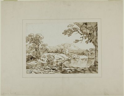 Landskap med elver, fjerne åser og figurer som fisker i forgrunnen av Franz Kobell