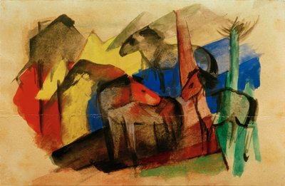 Tre hester i landskap med hus av Franz Marc