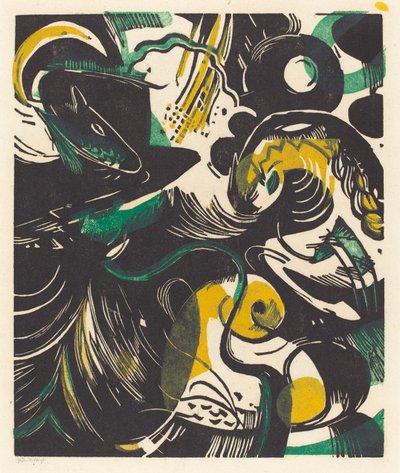 Genesis II (Schopfungsgeschichte II), 1914 (tresnitt i gult, svart og grønt) av Franz Marc