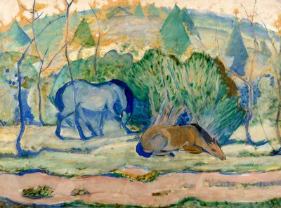 Hester på beite Hester i et landskap av Franz Marc