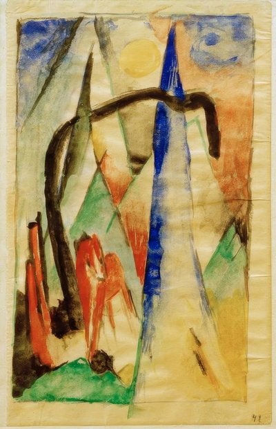 Hest i landskap med spisse former av Franz Marc