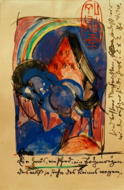 Hest og hus med regnbue av Franz Marc