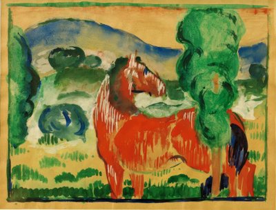 Rød hest i et farget landskap av Franz Marc