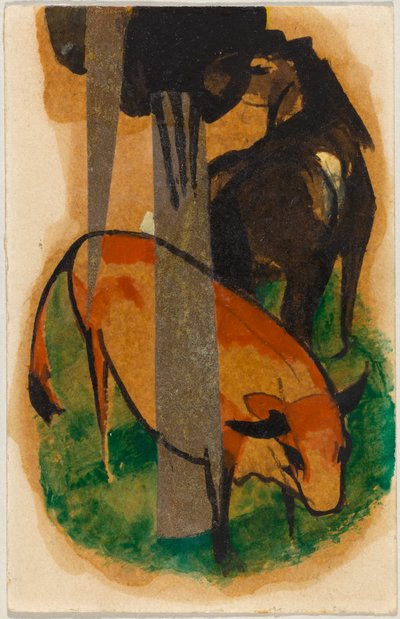 Rød hest og gul ku (svartbrun hest og gul ku), postkort fra Sindelsdorf til Alfred Kubin i Wernstein/Zwickledt av Franz Marc