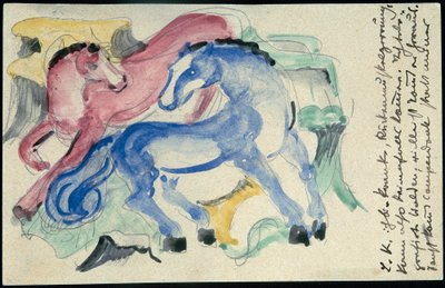 "Rød og blå hest", Franz Marc fra Sindelsdorf til Wassily Kandinsky i München: postkort, poststempel 5. april 1913 av Franz Marc